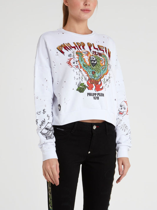 White Distressed Graffiti Sweatshirt