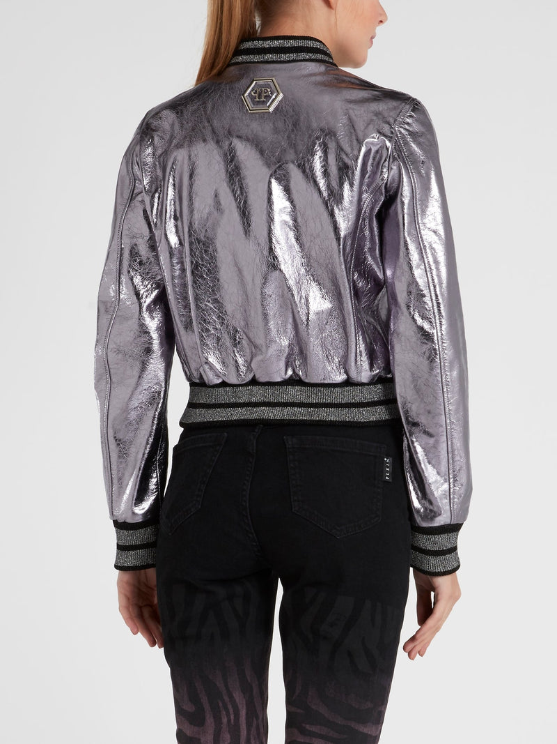 Metallic Embellished Leather Bomber Jacket