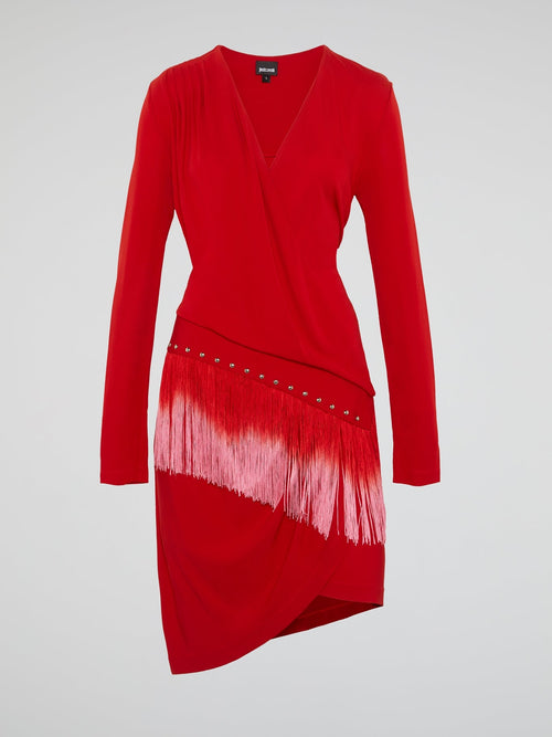 Red Fringe-Detail Long Sleeve Dress