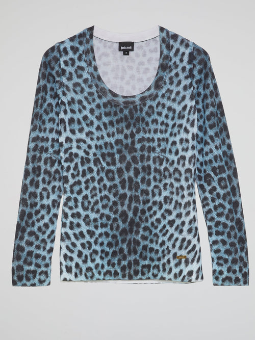 Blue Leopard Print Long Sleeve Top