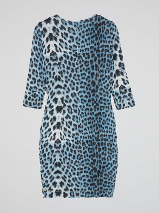 Blue Leopard Print Scoop Neck Dress