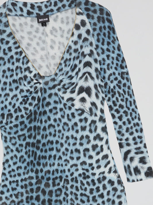 Blue Leopard Print Long Sleeve Dress