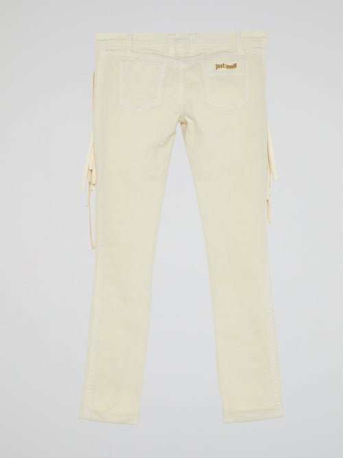 White Fringe-Detail Trousers