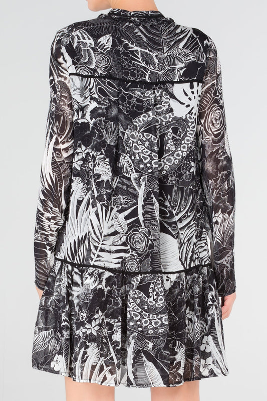 Black Tropical Print Drop Waist Dress