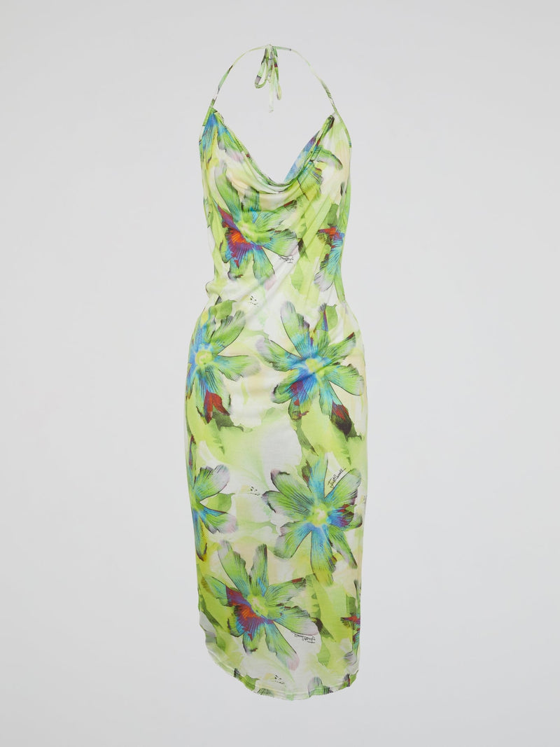 Green Floral Cowl Neck Dress