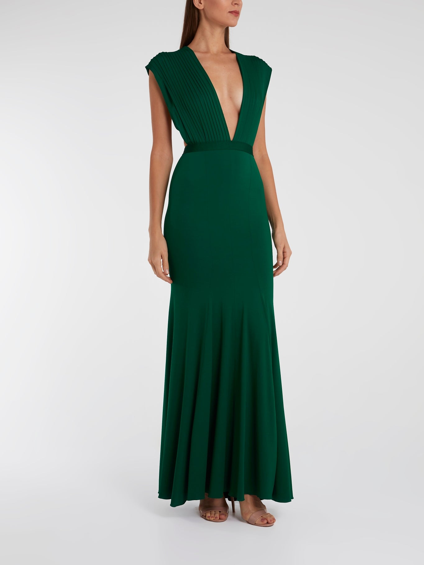 Green Pleated Plunge Maxi Dress