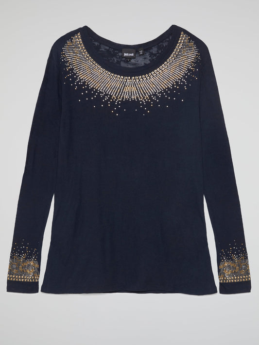 Navy Studded Long Sleeve Top