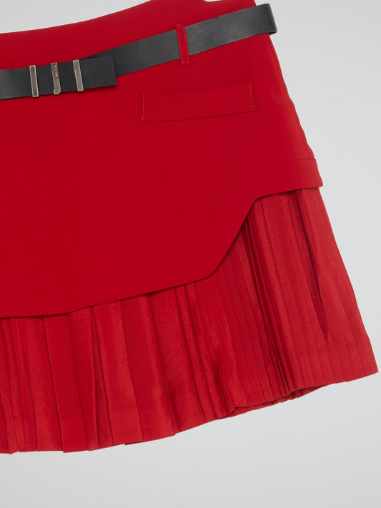 Red Pleated Hem Mini Skirt