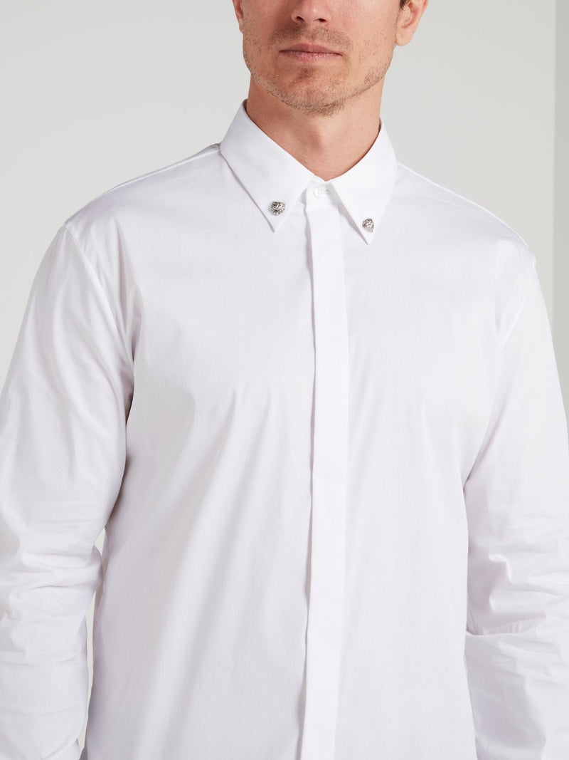 White Collar Embellished Long Sleeve Shirt