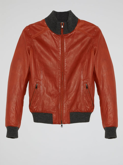 Red Ribbed Trim Leather Jacket