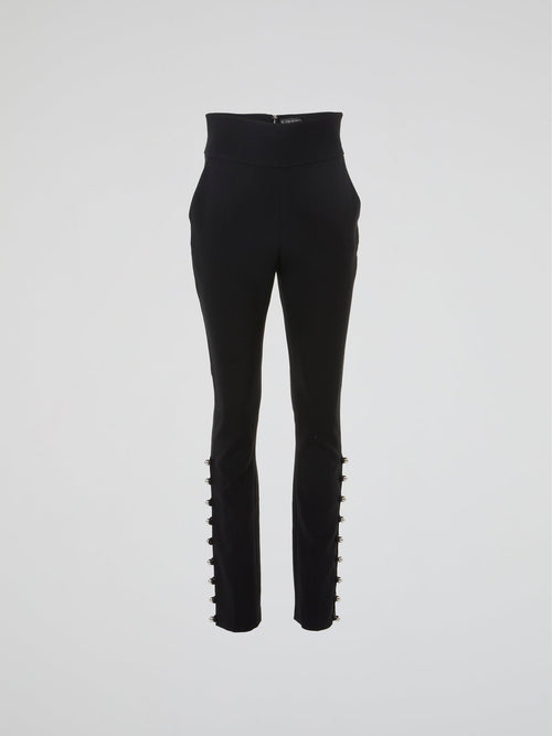 Black Button Embellished High-Rise Pants