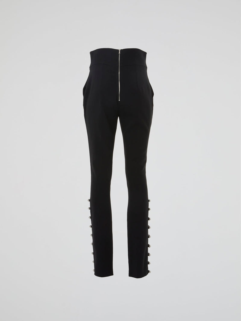 Black Button Embellished High-Rise Pants