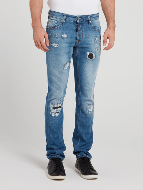 Blue Wash Distressed Denim Jeans