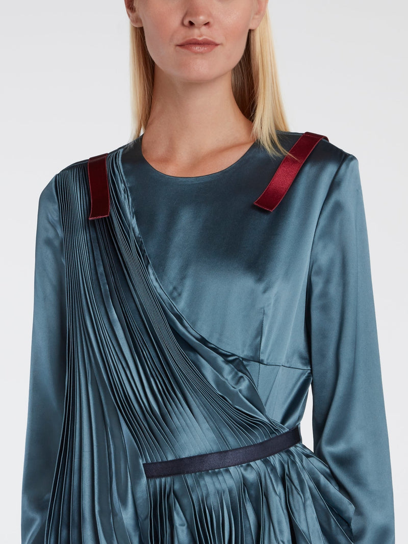 Sculptural Pleated Satin Dress