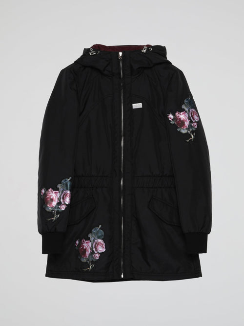 Floral Print Black Long Jacket (Kids)