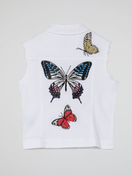 White Rear Butterfly Crystals Denim Gilet (Kids)