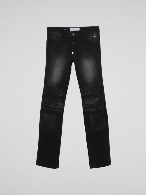 Black Leather Patch Faded Jeans (Teens)