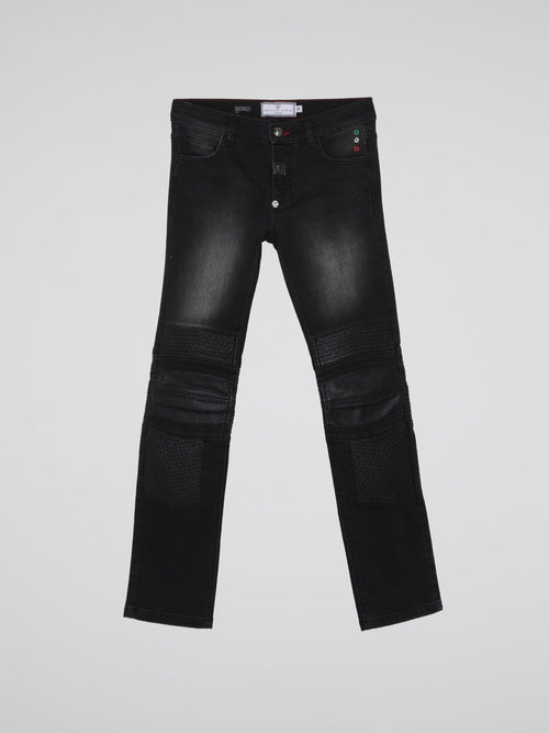 Black Leather Patch Faded Jeans (Kids)