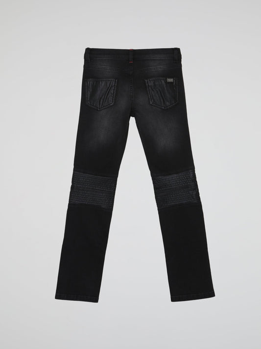 Black Leather Patch Faded Jeans (Kids)