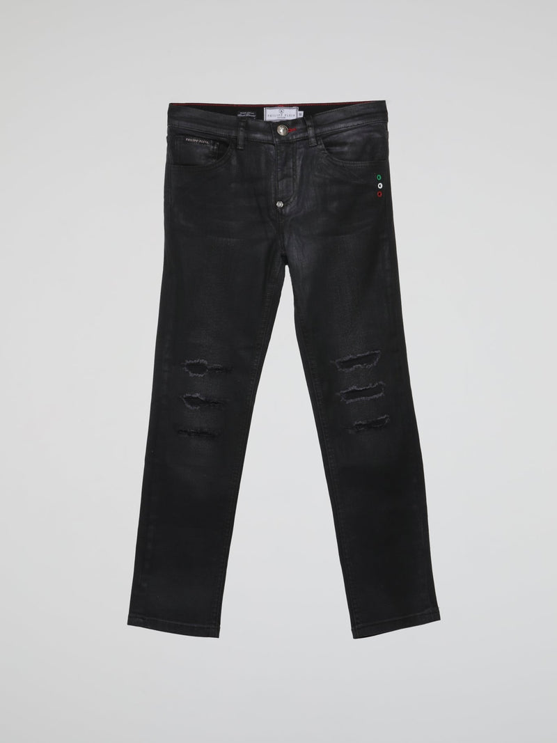 Black Distressed Straight Cut Denim Trousers (Kids)