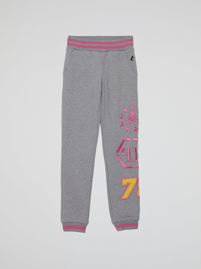 Grey With Pink Logo Design Jogging Trousers (Kids)