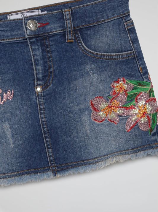 Blue Embroidered Flowers Frayed Denim Skirt (Kids)