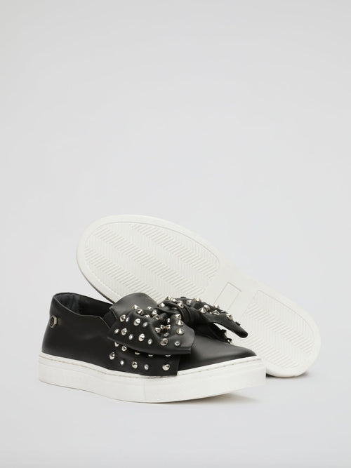 Black Studded Ribbon Detail Sneakers (Kids)