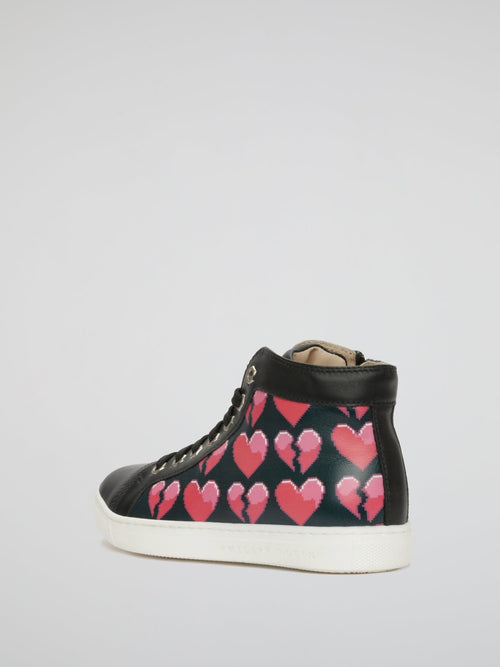 Black Heart Print Leather Shoes (Kids)