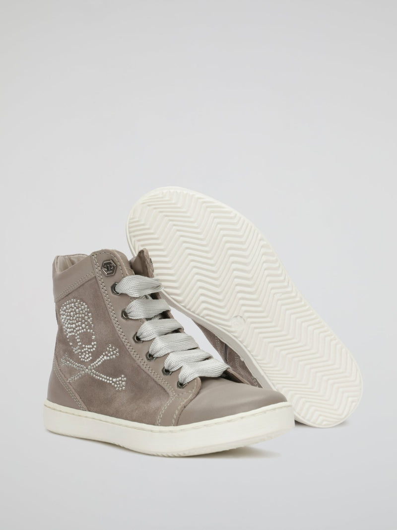 Beige Skull Detail Lace Up Boots (Kids)