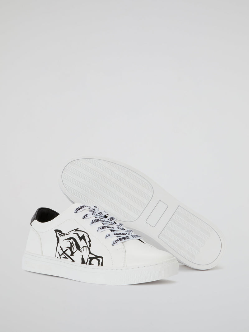 White Tiger Head Print Low Top Sneakers